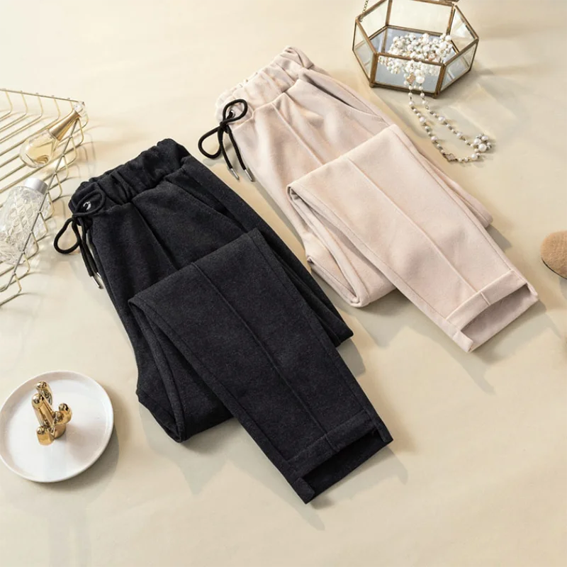 

High Waist Women Woolen Pants Loose Black Apricot Office Lady Harem Pants Casual Trousers Female Autumn Winter New 2022