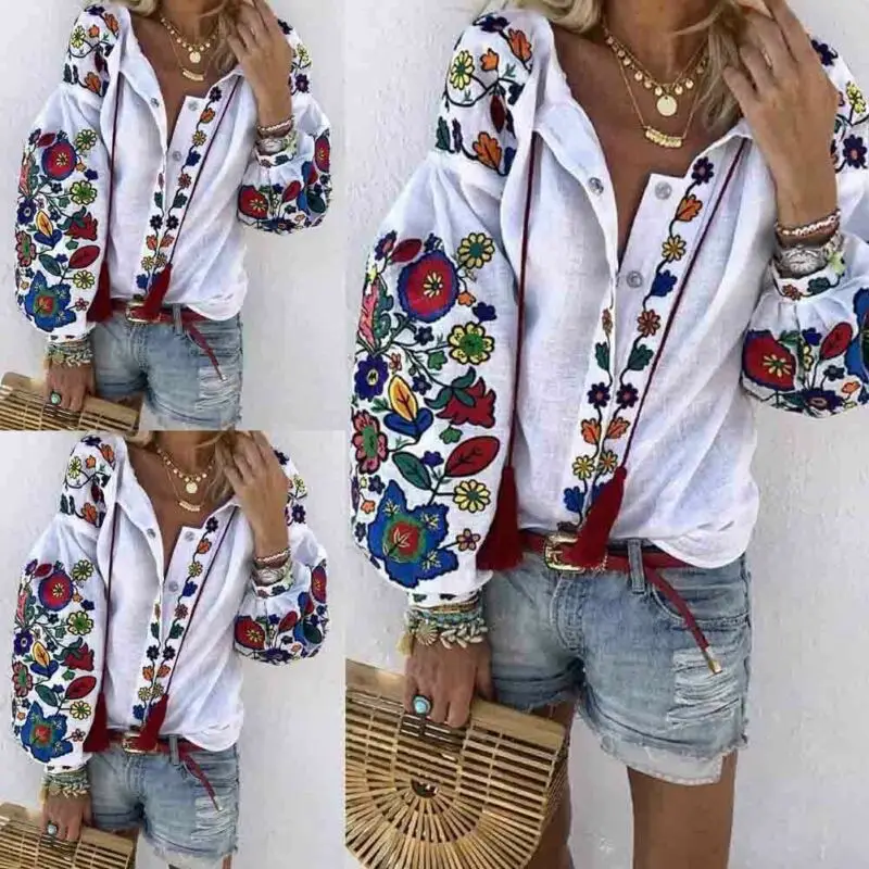 Womens Shirts Tops Long Sleeve Flower Print Casual Loose Top Fashion V-Neck Dark Buckle Lantern 2019 Early Autumn | Женская одежда