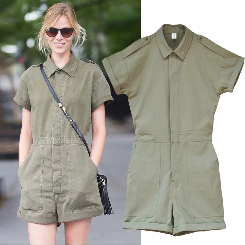 Army green tooling jumpsuit street shooting European and American style star cotton jumpsuit summer new short-sleeved shorts