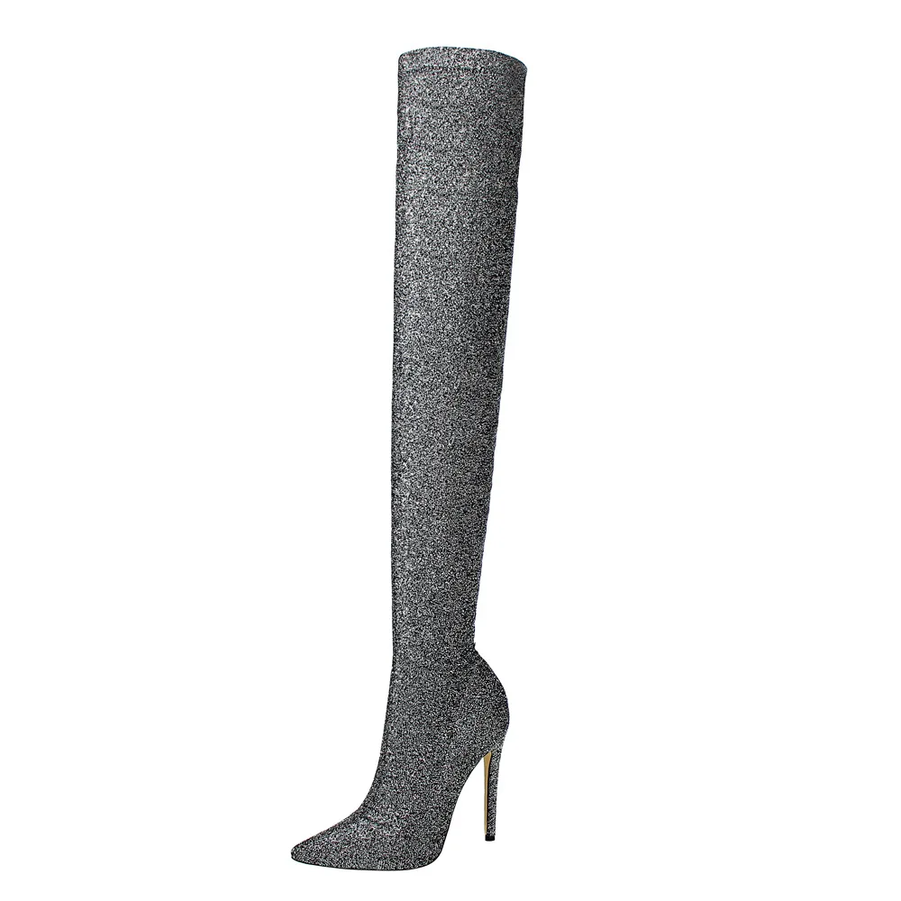 Ботфорты блестящие высокие сапоги до бедра на очень высоком каблуке женские