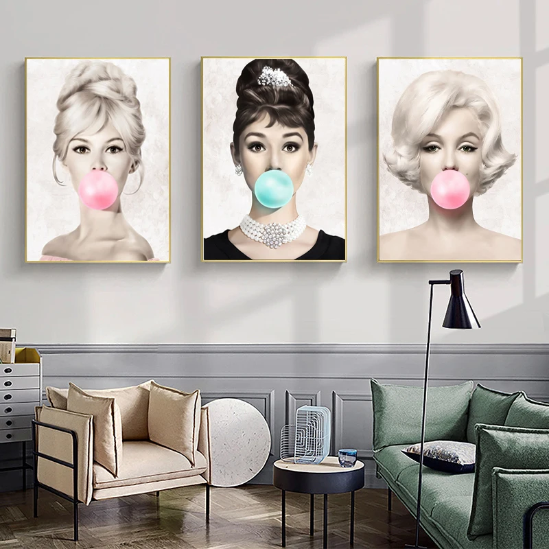 Hepburn Female Movie Star Actress Bubble Gum Wall Canvas Posters and Prints Painting Pictures Home Living Room Decoration | Дом и сад