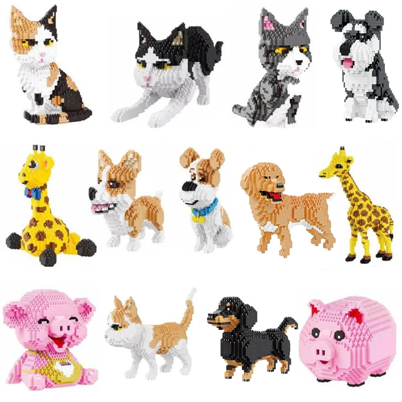 

New Cute Cartoon Animals Building Blocks Mini Micro Bricks Dog Cat Model Blocks Educational Toys For Kids Gifts