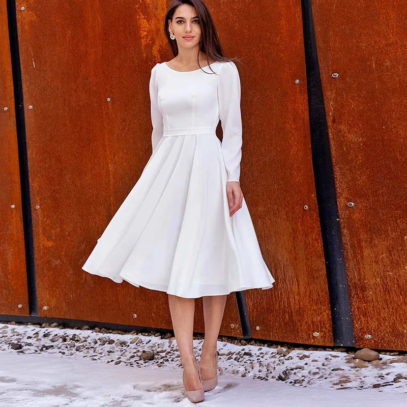 

Женское атласное платье с длинным рукавом, простое винтажное Короткое свадебное платье до середины икры, платье невесты для пляжа и сада, индивидуальный пошив, 2022