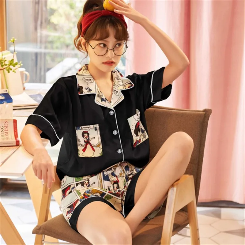 

XIFER Pajamas Female Summer Short Pajamas Cute Lapel Short Sleeve Cartoon Princess Pajamas Short Sleeves Household Women's Wear