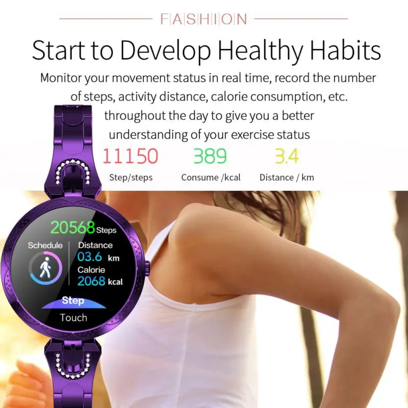 Женский водонепроницаемый смарт браслет с шагомером и измерением пульса