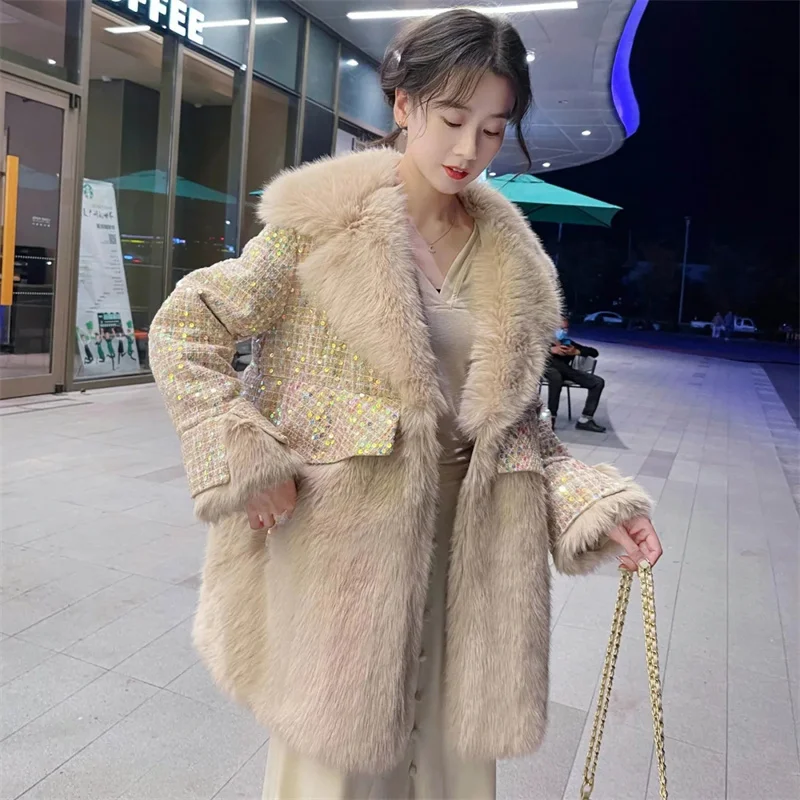 High-Quality 2022 New Ladies Temperament Coat Mid-Length Loose Sequined Coat Office Femme Winter Faux Fur Outwear Thicken Mujer