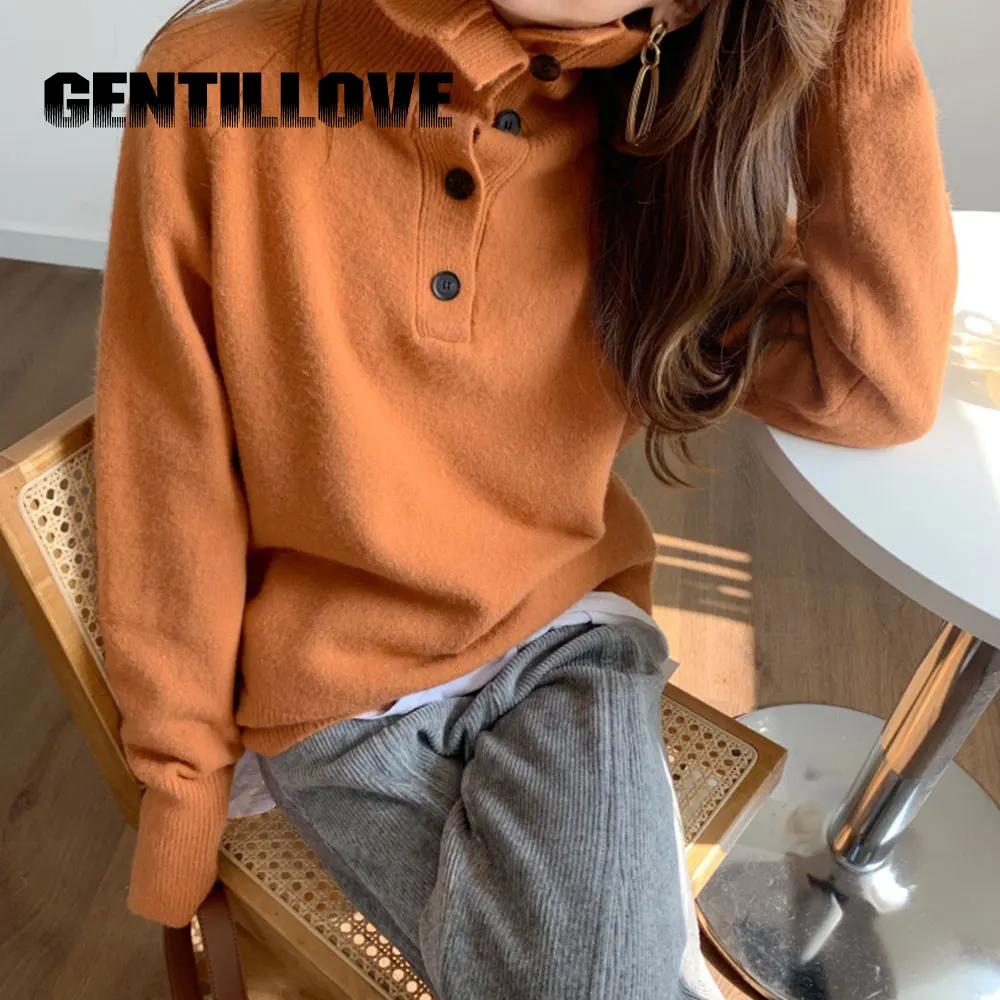 

Women's Spring Autumn Turtleneck Button Knitted Sweater Jumper Long Sleeve Pullovers Solid Causal Loose Fashion Female Warm Top
