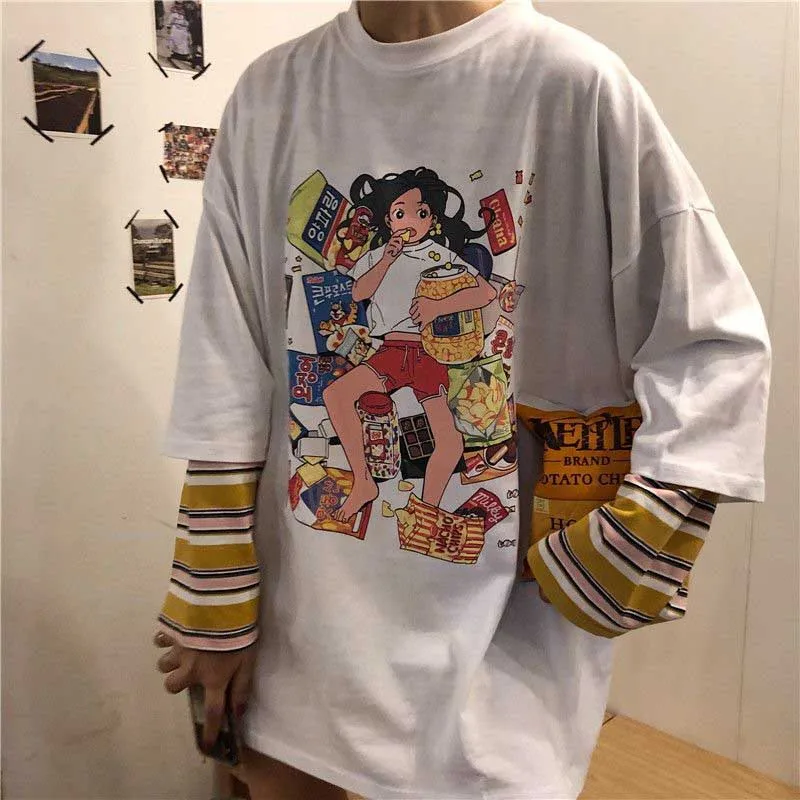 NiceMix, осенняя Женская одежда, корейский Ulzzang, Harajuku, футболка с забавным принтом, поддельные две футболки с длинным рукавом, женские свободные футболки