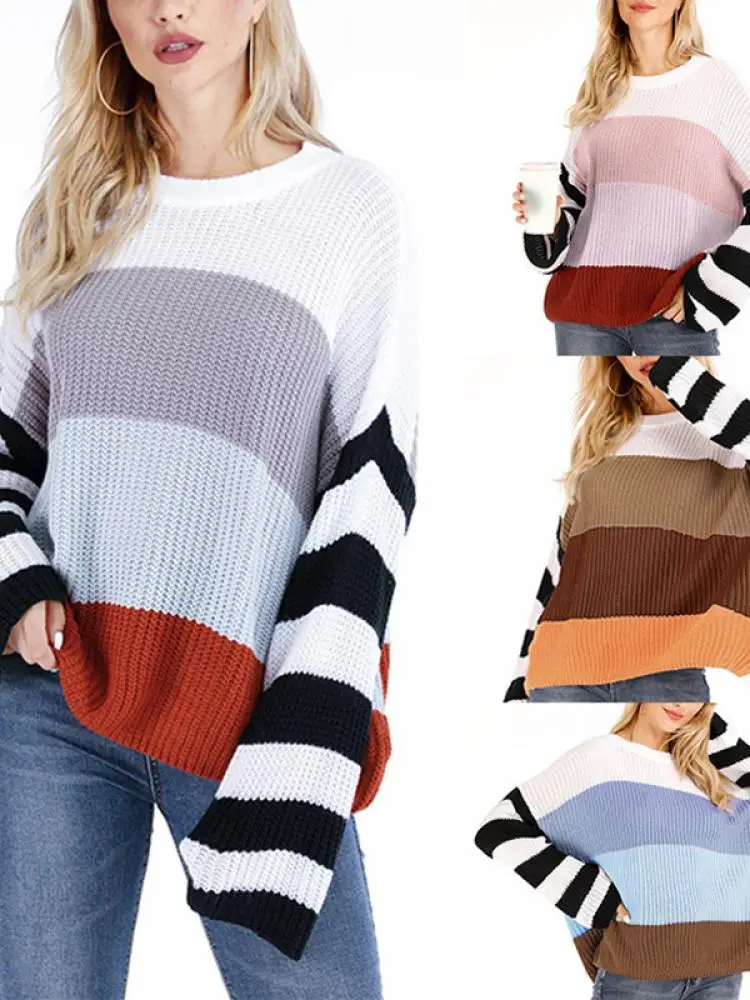 

2021 Women'S Autumn And Winter New Clothes Color Stitching Knitted Sweater Pullover Temperament Commuter Loose Sweater