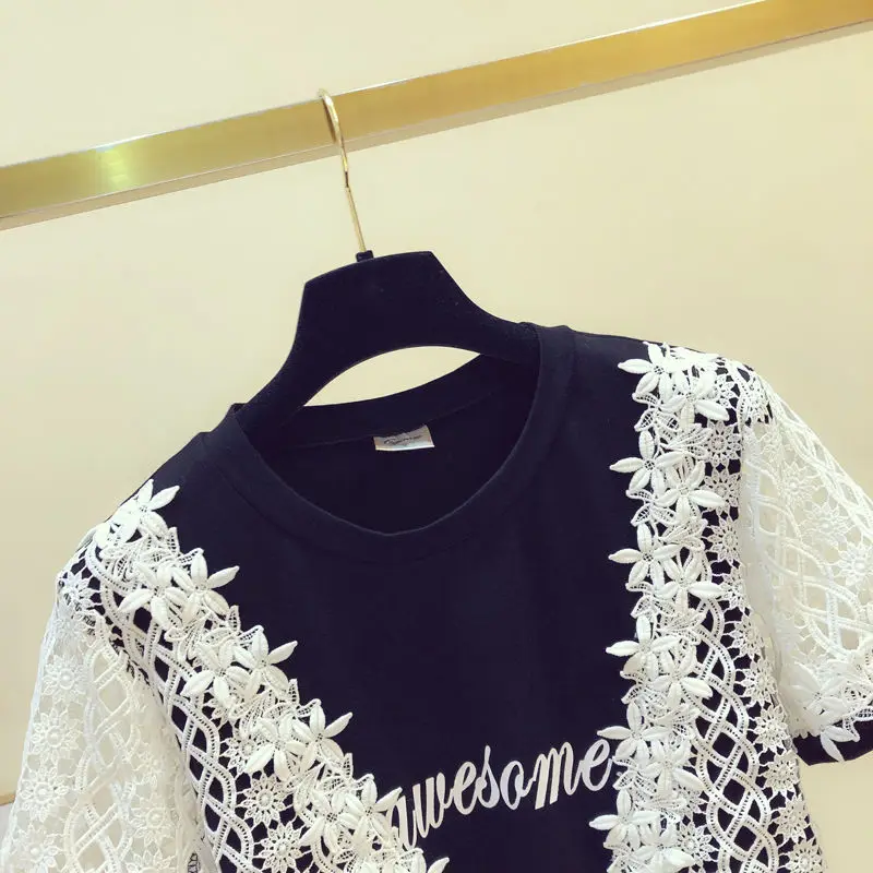 

2021 summer new Korean cotton T-shirt women lace stitching fake two-piece printing casual loose top women's fashion