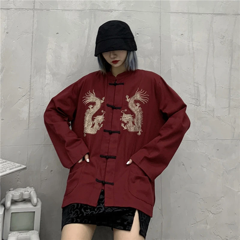 

New Year Chinese Style Dragon Hanfu Loose Blouse Vintage Embroidery Kung Fu Tang Suit Traditional Fashion Tops Coats Streetwear