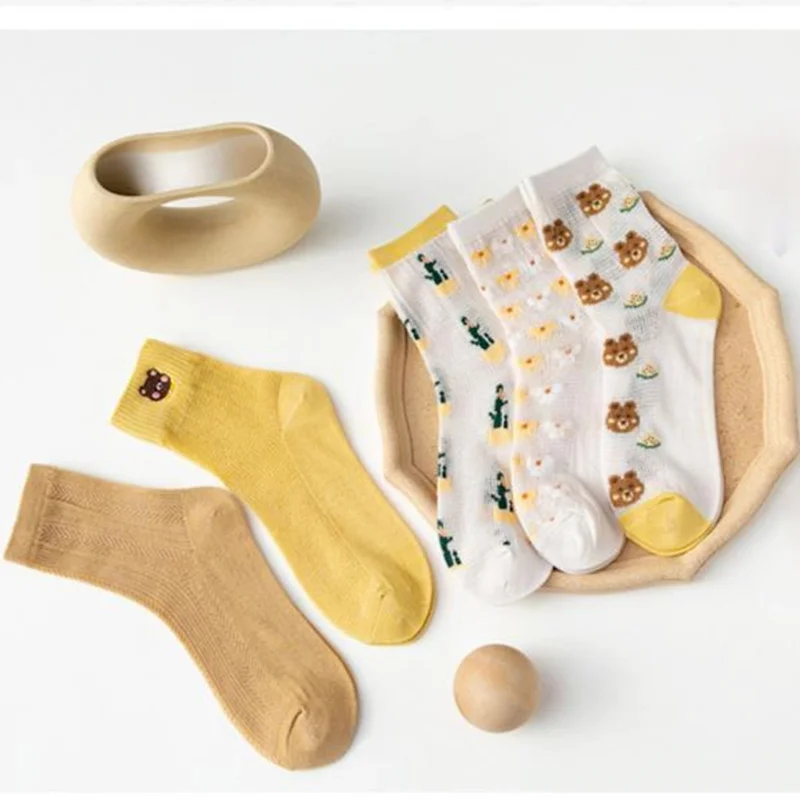 

Spring and Summer Floret Bear Thin Lace Cotton Socks Female New Sweet Casual Breathable Socks Cute Fresh Lolita Tube Socks