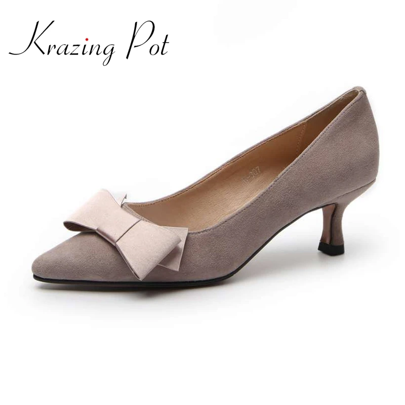 

Krazing pot sheep suede pointed toe high heels butterfly-knot French romantic beauty lady dance party fashion women pumps L07