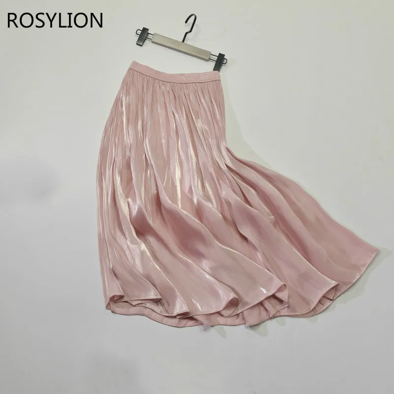 Женская плиссированная розовая юбка с эластичной талией длинная выше колена