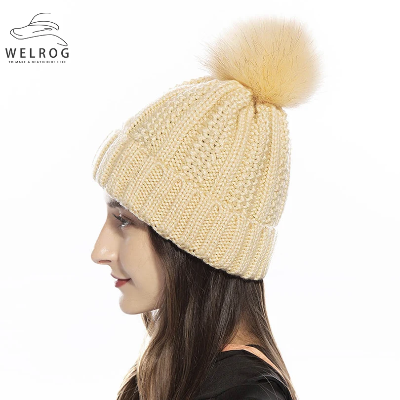 WELROG зимние однотонные шапки Элегантные вязаные с помпонами мягкие теплые