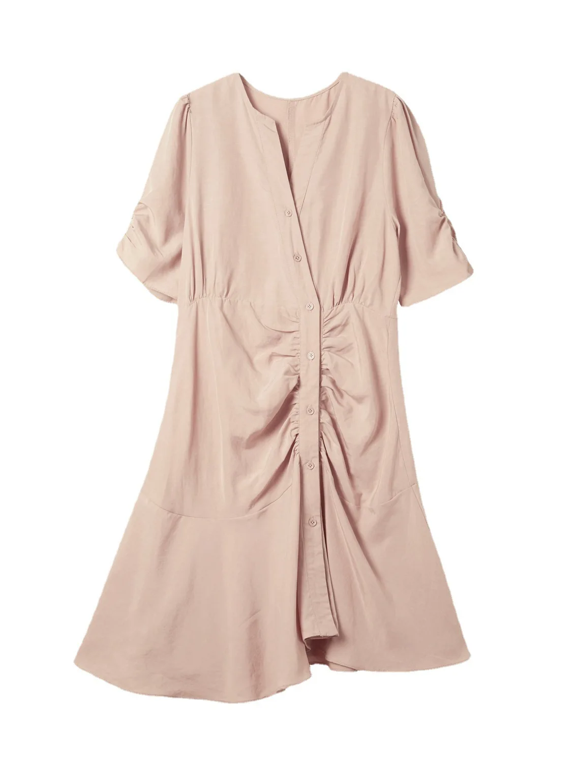 

TVVOVVIN Large Size Women's V-neck Solid Color Short Sleeve Dress Summer Single Breasted Irregular Pleated Short Dress 8R3Q