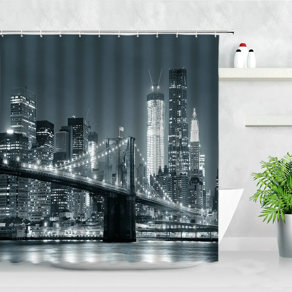 black white new york city scenery shower curtains set 3d building home wall backdrop decor nordic polyester bathroom bath screen free global shipping