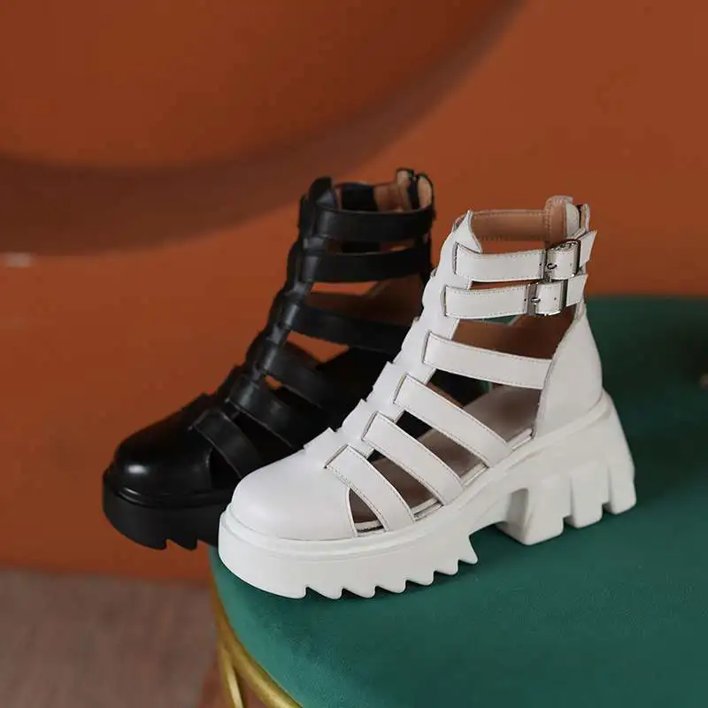 

lenkisen genuine leather drop shipping high heels platform mature breathable casual shoe gladiator office lady summer boots