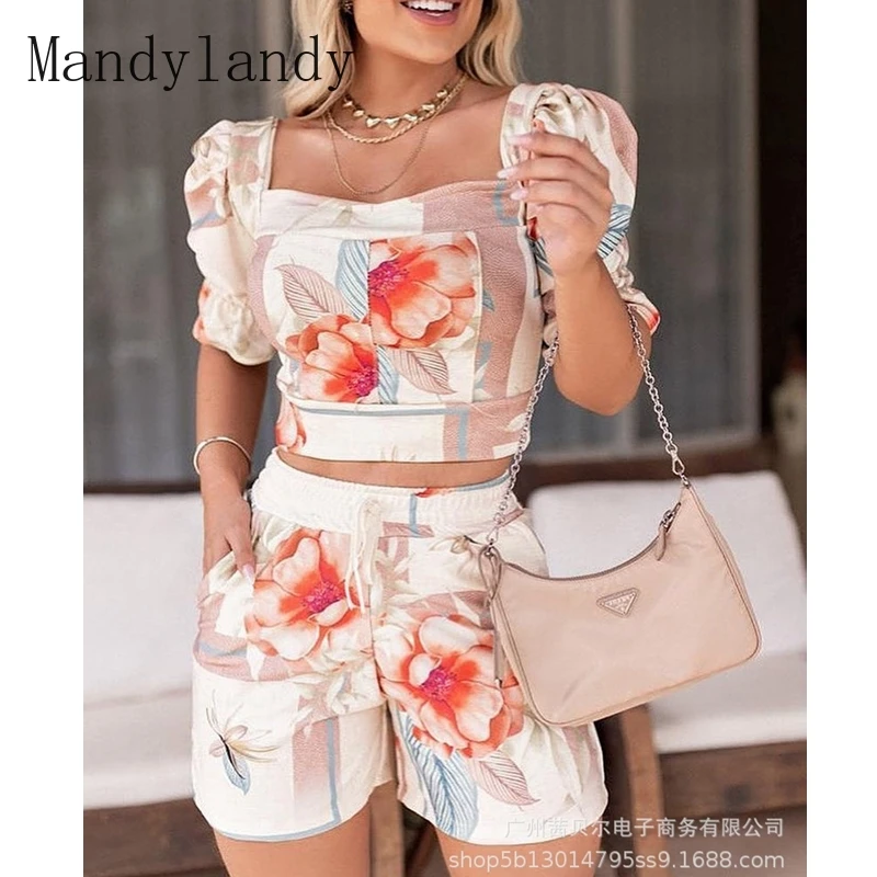 

Mandylandy Summer Puff Sleeve Square Collar Top + High Waist Lace Up Straight Shorts Suit Women's Casual Floral Print Slim Suit