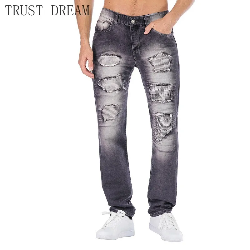 Классические мужские байкерские джинсы с дизайном Парижа облегающие брюки из