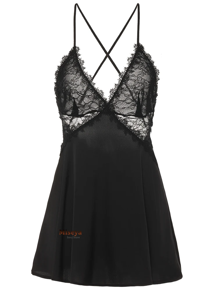 

French Soft Silky Deep V Sexy Strap Nightdress Lace Satin Sleep Wear Backless Beauty Back Nighty Home Leisure Tops Young Girl