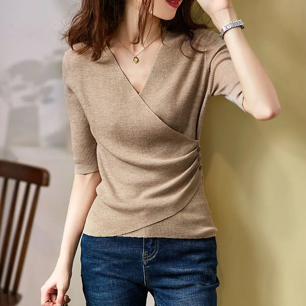

Sexy T-shirt short top women's wrapped V-neck slim bottomed shirt