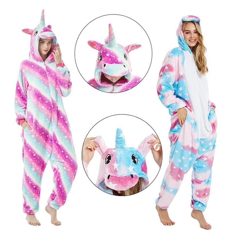 Пижамы Kigurumi для взрослых зимние пижамы в виде единорога животных кигуруми