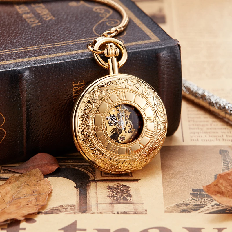 Roman Numeral Luxury Quality Copper Mechanical Pocket Watch Black Gold Steampunk Dual Open Skeleton Dial Fob Chain Clock for Men