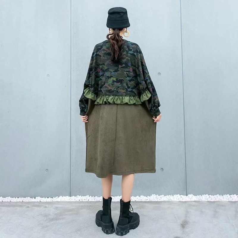 

CHICEVER Print Dress For Women O Neck Long Sleeve Hit Color Patchwork Camouflage Fungus Pockets Oversize Dresses Female 2021 New
