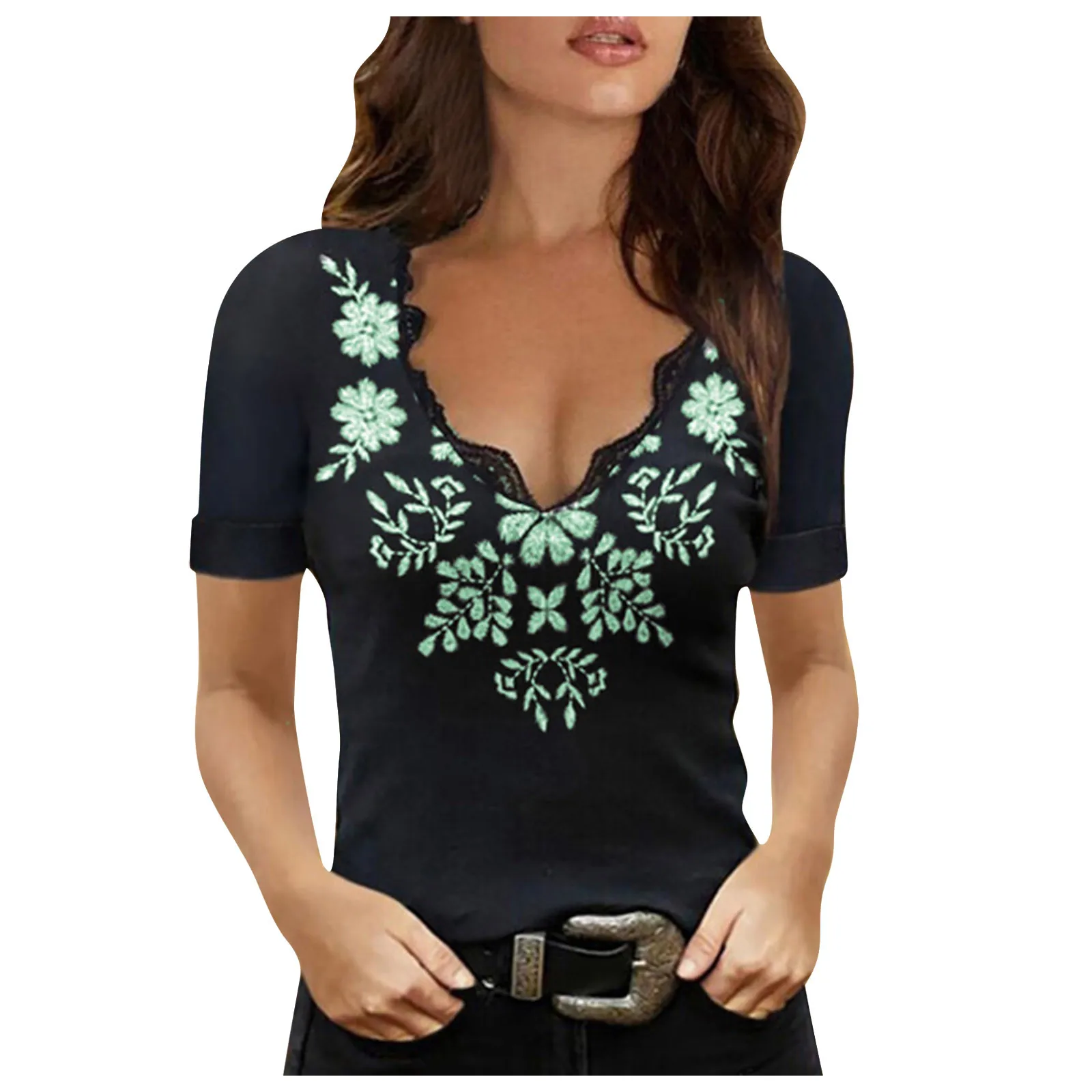 

Floral Printed Lace Women Blouses Short Sleeved Commuting Pullover Cotton Girl Top V-neck Summer Bottoming Femme Clothing Blouse