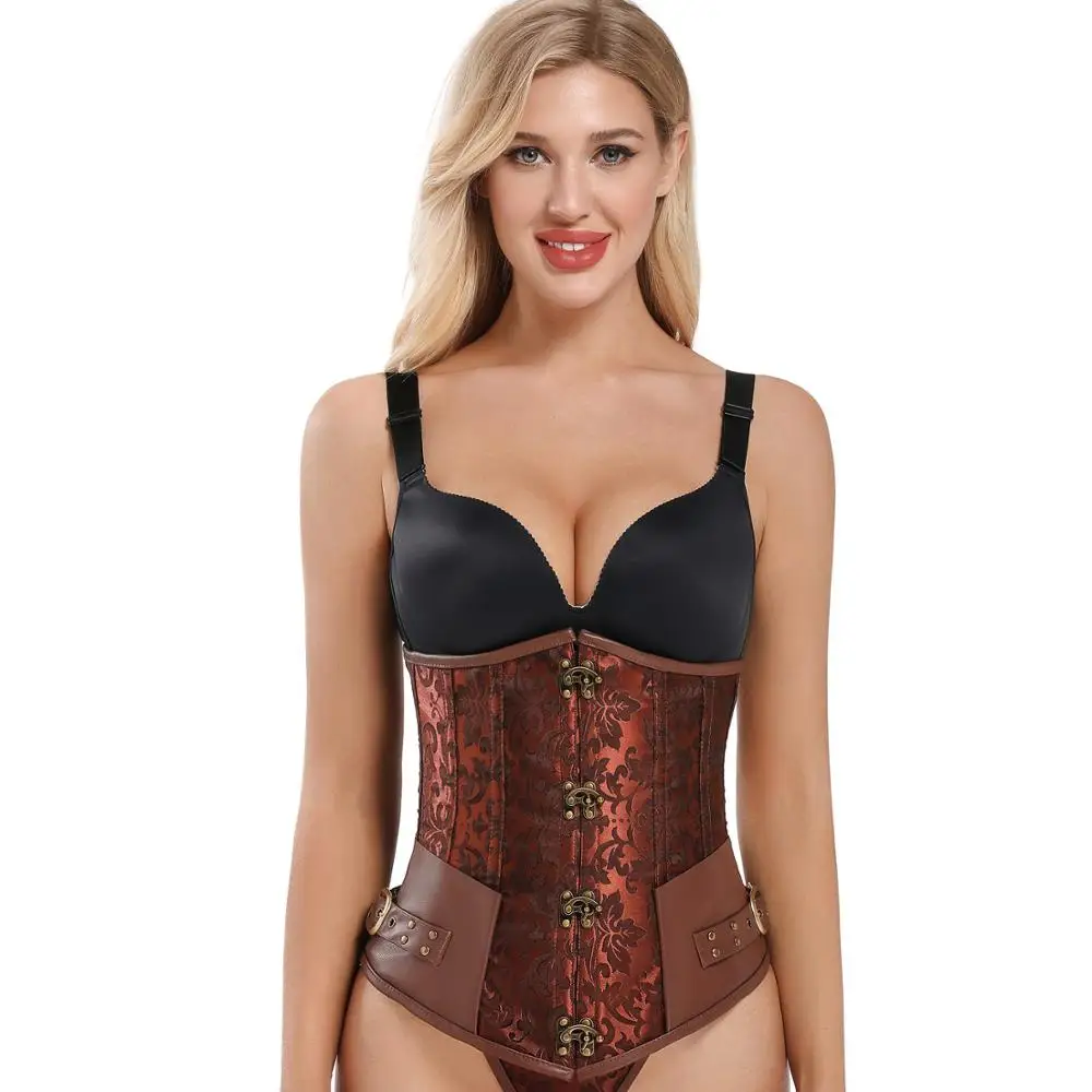 Стимпанк коричневый парчовый корсет со стальными косточками под грудь