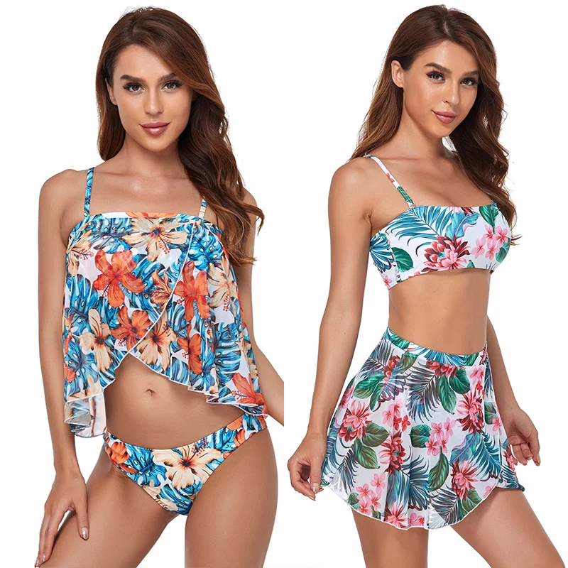 

Женский купальник с принтом пальмовых листьев, комплект из 3 предметов, Бикини бандо с оборками, женское бикини размера XL, 2021