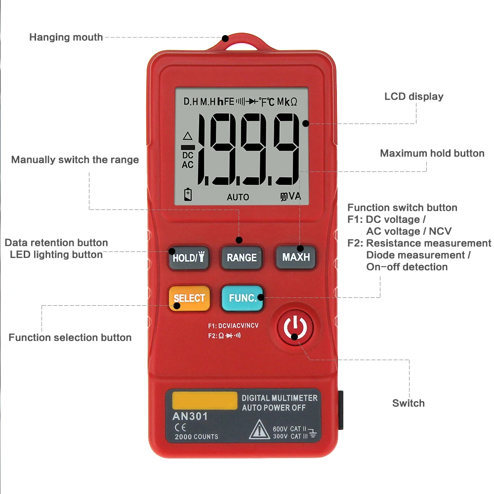 

AN301 Mini Digital Multimeter 1999Counts AC/DC Voltmeter Resistance Ammeter Meter Tester with LED Light Professional Tester Tool