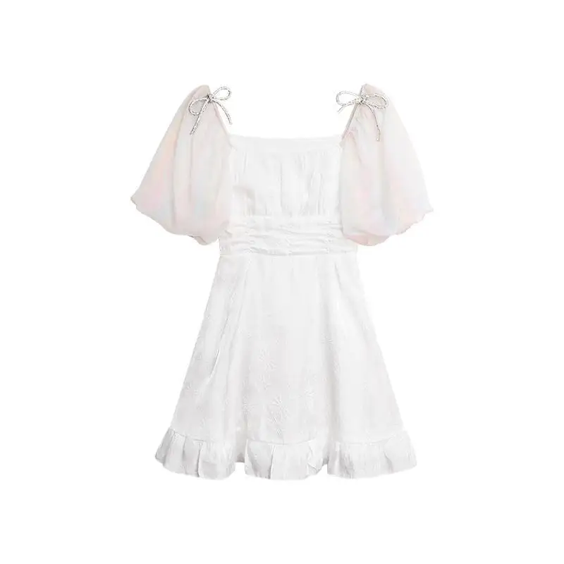 

French Dress Women Elegant Puff Sleeve Mini Fairy Dress 2021 Summer Korean Japan Style Kawaii Vintage Retro White Rainbow Dress