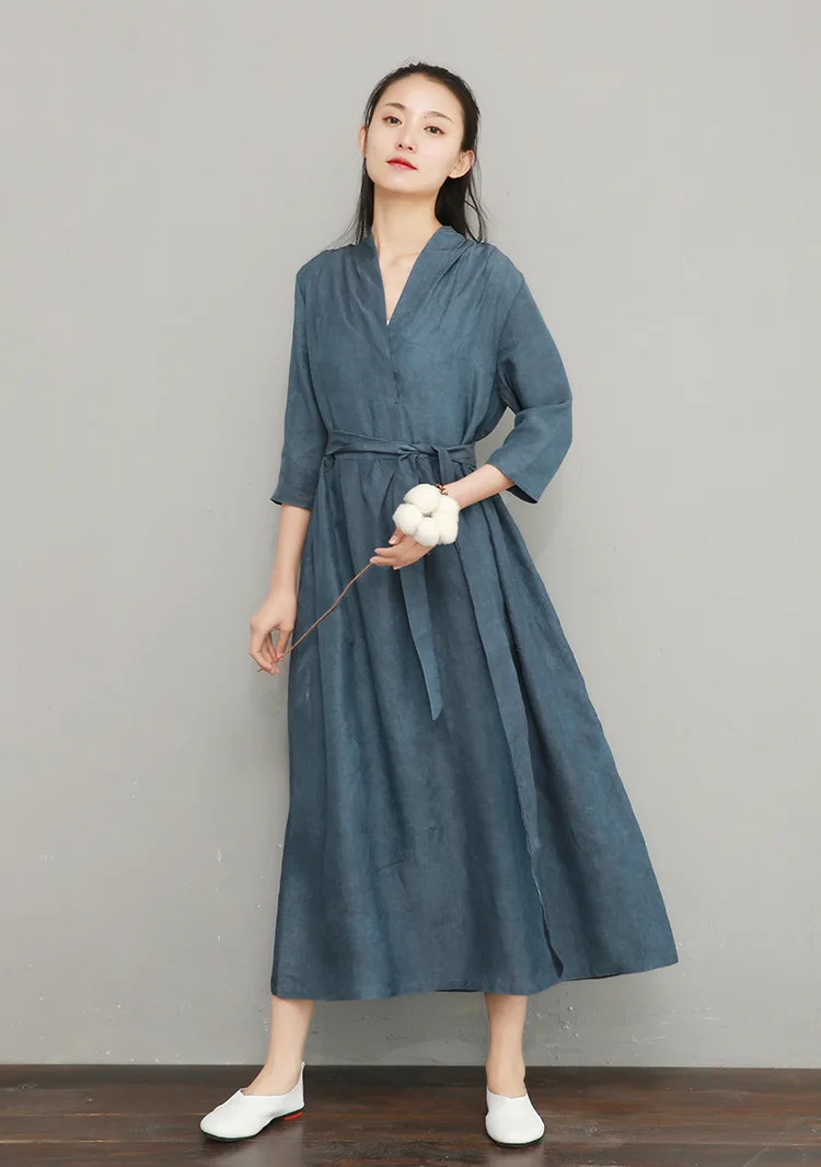 NINI WONDERLAND, летнее платье с v-образным вырезом,, женское, Tencel, льняное, винтажное платье, женское, одноцветное, длинное платье, халат, высокое качество