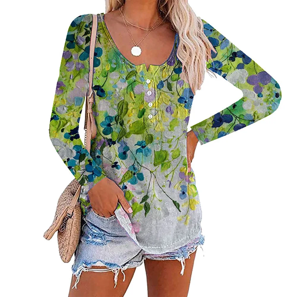 

Printed Clothes Spring Autumn Casual Pullovers Women's Clothing Print V-neck Long Sleeve T-Shirts Ladies Fashion Pullover Tops