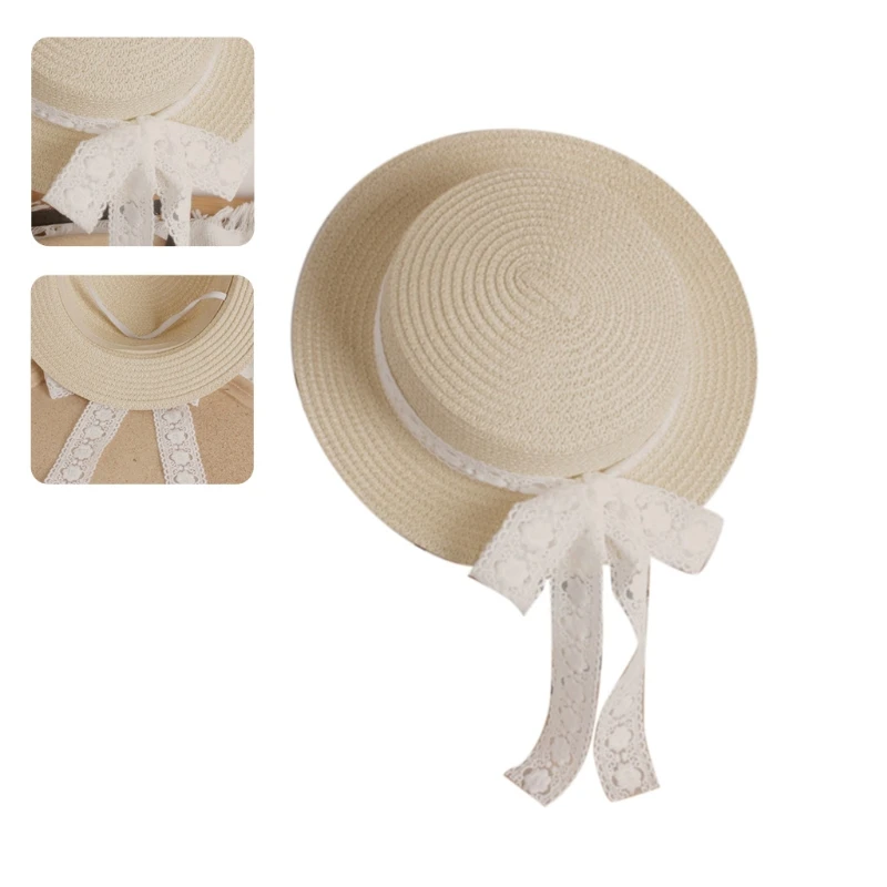 

Toddler Kids Woven Straw Sun Hat with Lace Ribbon Bow Floppy Sunscreen Beach Cap