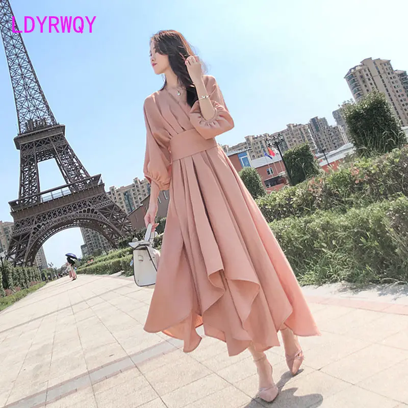 

LDYRWQY 2021 Summer New French Pink Slim Fashion V-neck Nine-Sleeve Irregular Dress Office Lady Polyester