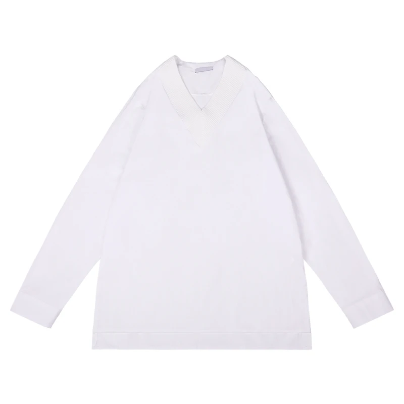 

SHENGPALAE Minimalist Black Blouse Women's Summer 2021 New V-neck Large Size Pullover Long Sleeve White Shirt Female Tide 5E119