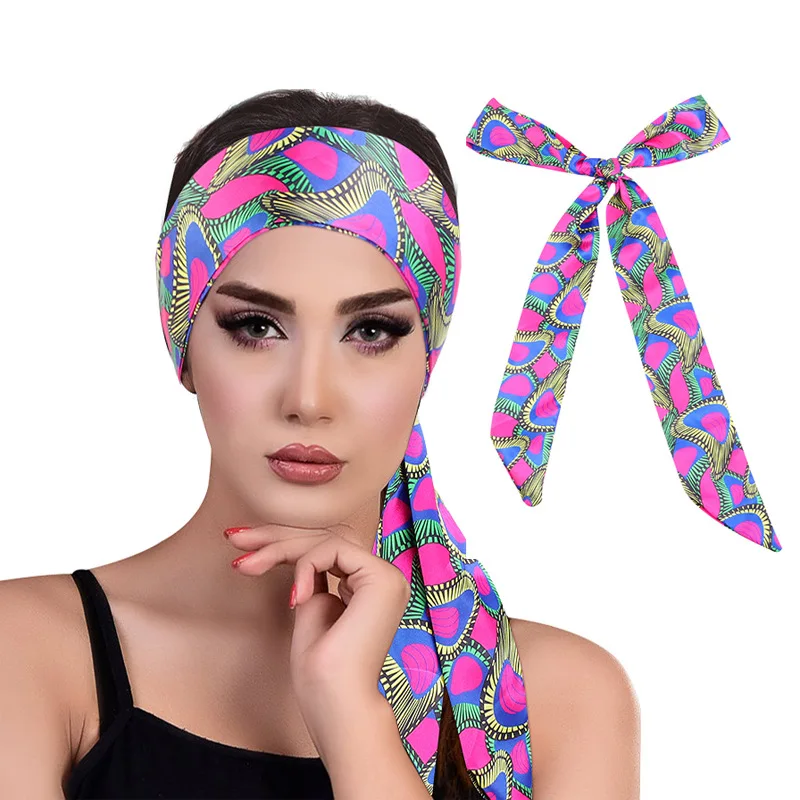 

Vintage Silky Scarf Satin Print Headband and Streamer Hair Holder Headwear Bulk Wholesale Printing Elastic