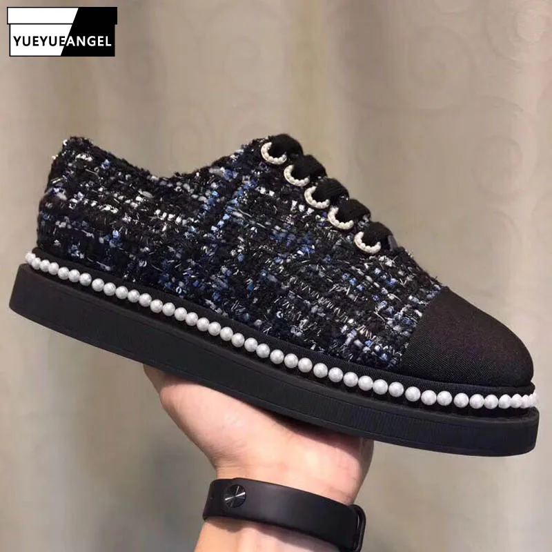 Euro Brand New Lace Up Pearls Womens Panelled Tweed Shoes Vintage Round Toe Thick Bottom Casual Female Platform Streetwear | Обувь