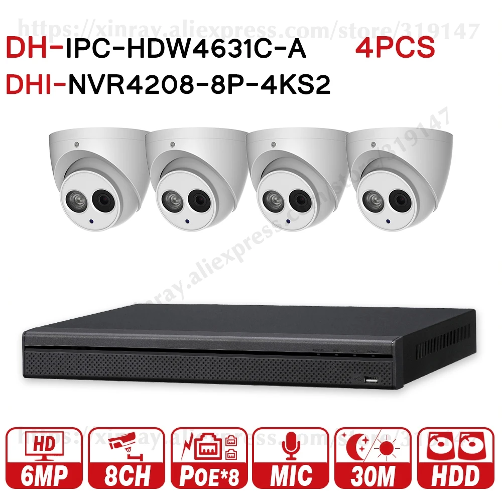 Dahua 6MP 8+ 4 система видеонаблюдения 4 шт. 6MP ip-камера IPC-HDW4631C-A& 8POE 4K NVR NVR4208-8P-4KS2 система видеонаблюдения