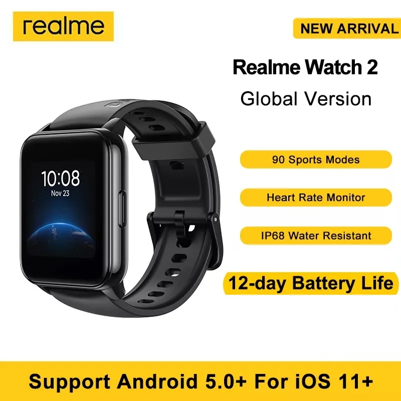 Смарт-часы realme Watch 2 с сенсорным экраном 1,4 дюйма, 90 спортивных режимов, 12 дней работы от батареи, уровень кислорода в крови, пульсометр, IP68 Смарт-часы