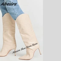 abesire long boots beige mid calf stone print pointed toe boots slip on thin high heel women boots solid new autumn winter shoes