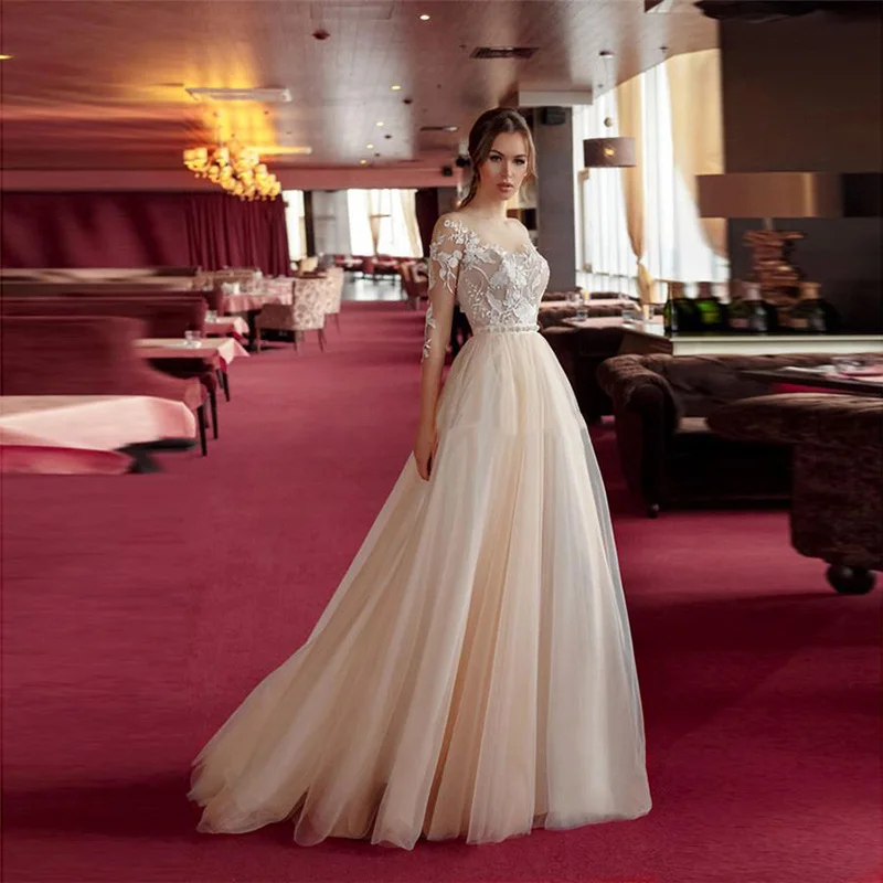 

Кружевное платье для невесты Sevintage, ТРАПЕЦИЕВИДНОЕ свадебное платье в стиле бохо, с рукавом 3/4 и пуговицами сзади, прозрачное Тюлевое платье до пола, 2020