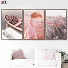 Настенная картина с изображением гор реки цветов лодки девушки в скандинавском стиле