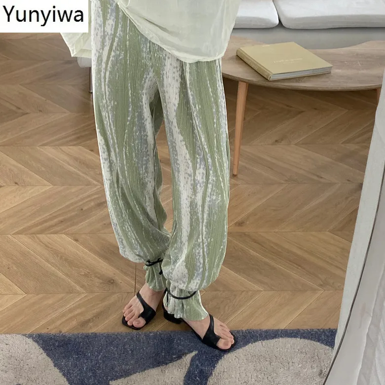 

Wide Leg Pants Women High Waist Mopping Casual Trousers Female Summer Wild Rendering Color Stripe Pleated Bottoms 1D881