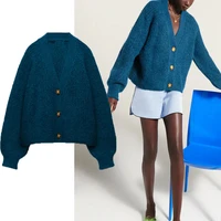 za 2021 winter blue oversize knit cardigan women long sleeve plus size loose sweater feminine chic button up knitted coat tops