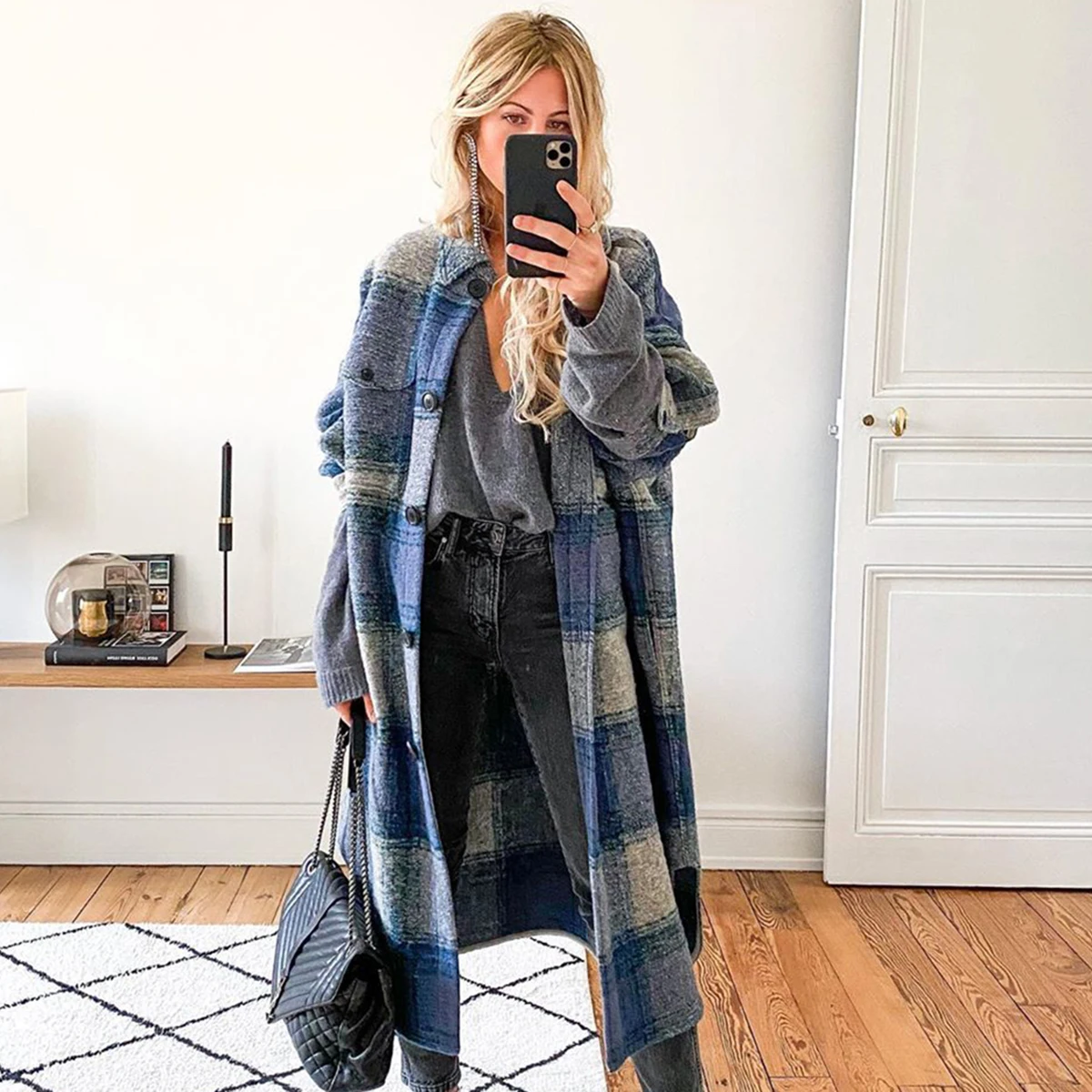 

Blue Plaid Pockets Woolen Cloth Coat Women Autumn Winter Turn Down Collar Button Jacket Casual Vintage Wool Long Overcoat 2020