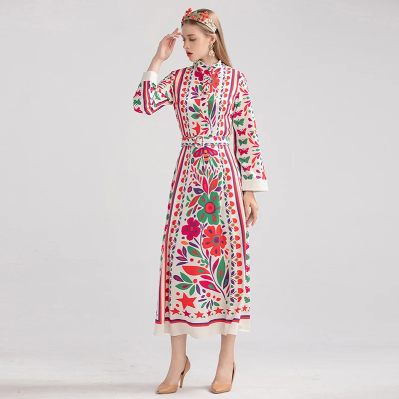 Женские подиумные платья с круглым вырезом и длинными рукавами цветочным